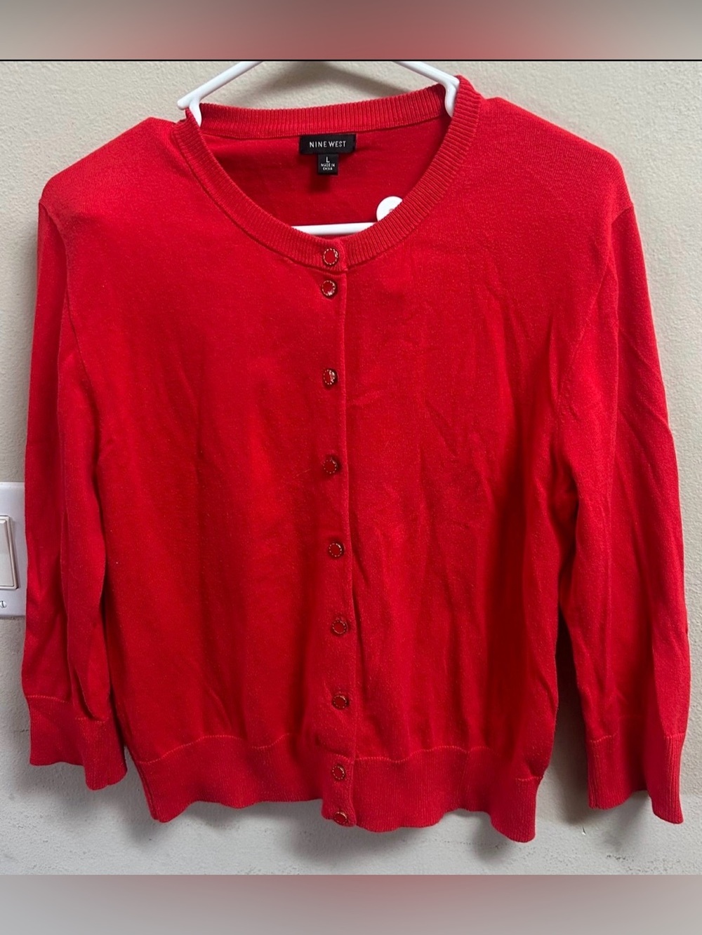 Nine West Bright Red Button-Up Crewneck Cardigan
